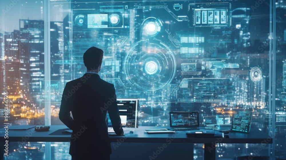 Businessman Working at a Desk with a Futuristic Interface Businessman Working at a Desk with a Futuristic Interface
