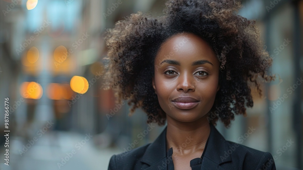 Fototapeta premium Stylish Afro-American Businesswoman Outdoors with Blurry Business Center Background