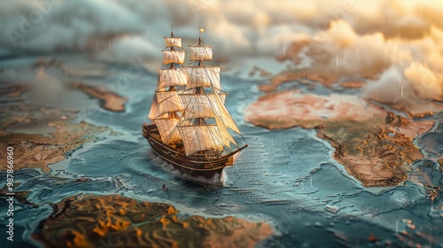 Vintage Sailing Ship Model on World Map - Explorer Concept Image