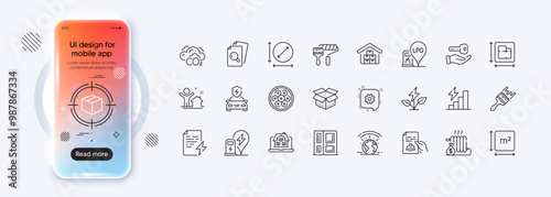 Paint roller, Wholesale goods and Cogwheel line icons for web app. Phone mockup gradient screen. Pack of Realtor, Power certificate, Greenhouse pictogram icons. Vector