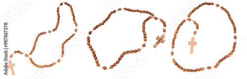 wooden rosary beads isolated on transparent background. png, set of three rosaries