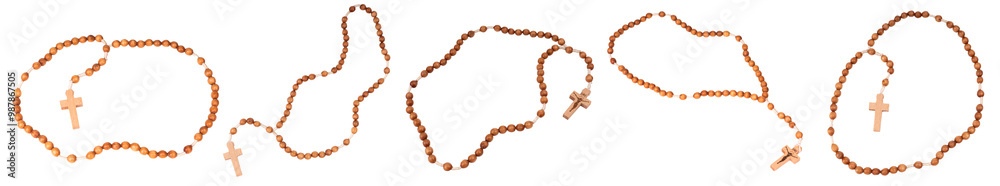 wooden rosary beads isolated on transparent background. png, set of five rosaries wooden rosary beads isolated on transparent background. png, set of five rosaries
