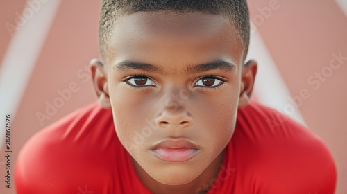 Determined Young Athlete in a Red Sports Outfit Crouched at the Starting Line on a Running Track, Capturing Focus and Drive in a Close-Up Portrait