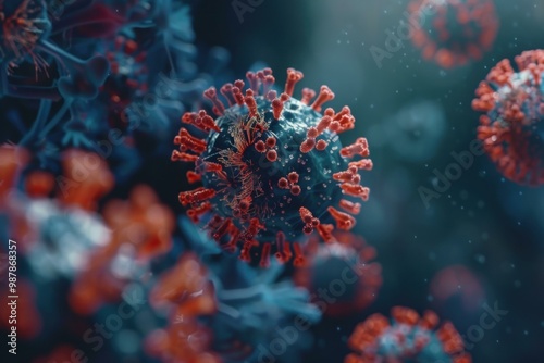 3d illustration of a contagious coronavirus covid 19 with red spikes floating in a dark cellular environment