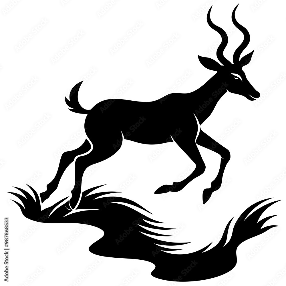 Graceful Antelope Silhouette Leaping Over Stream Vector Black Art Graceful Antelope Silhouette Leaping Over Stream Vector Black Art