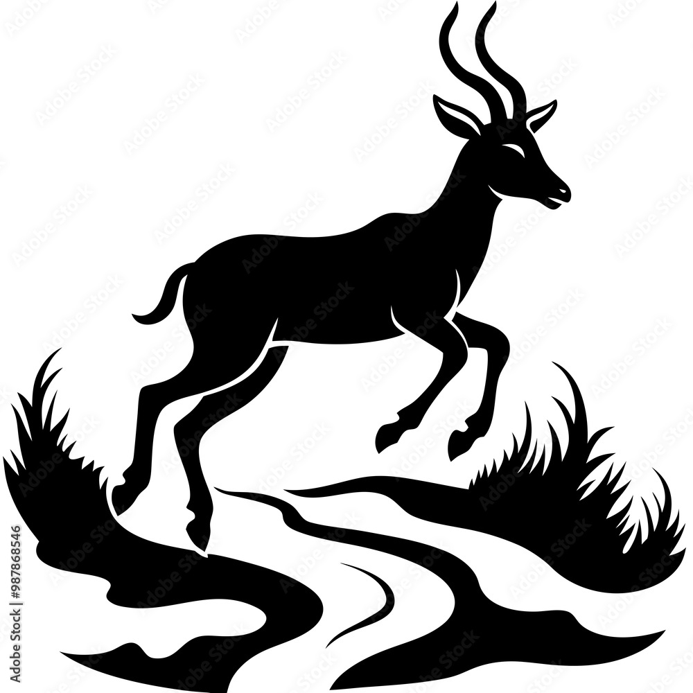 Graceful Antelope Silhouette Leaping Over Stream Vector Black Art Graceful Antelope Silhouette Leaping Over Stream Vector Black Art