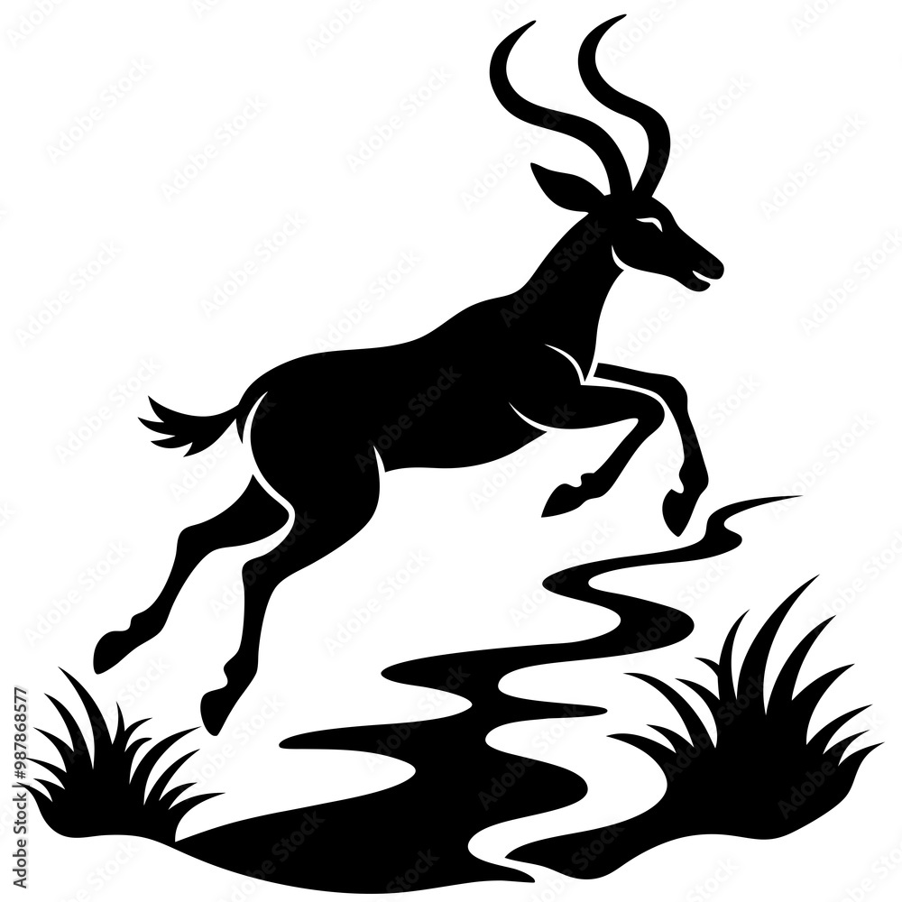 Fototapeta premium Graceful Antelope Silhouette Leaping Over Stream Vector Black Art