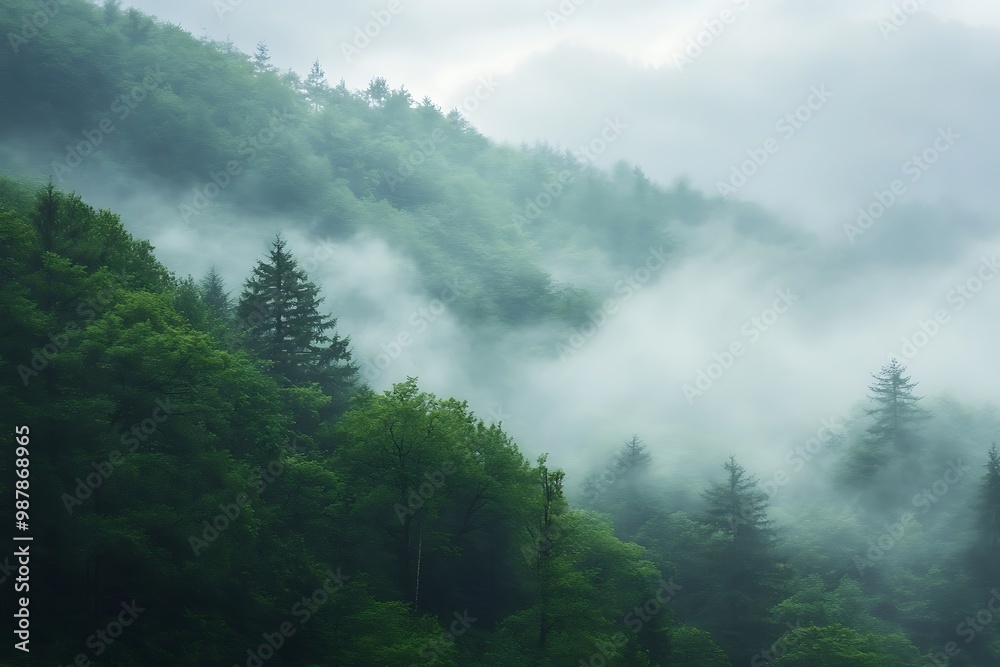 Misty mountain landscape with lush green trees and fog, nature background Misty mountain landscape with lush green trees and fog, nature background