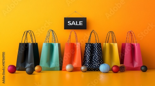 This image portrays a series of colorful shopping bags aligned below a sale sign. Bold hues stand out against an orange background, accompanied by festive ornaments. photo