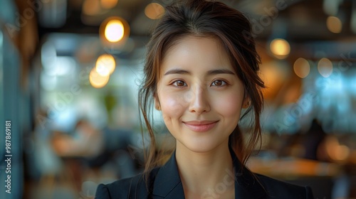 Joyful Asian Businesswoman in Formal Attire Working in Office Environment with a Smile