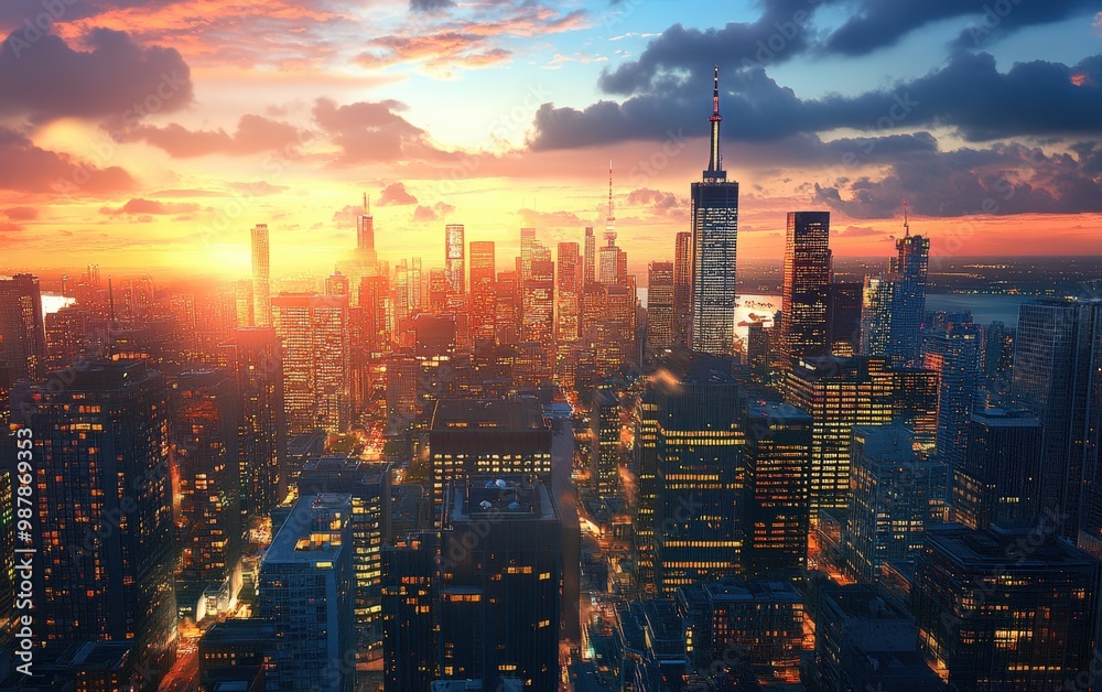 Fototapeta premium Beautiful city view on sunsat background