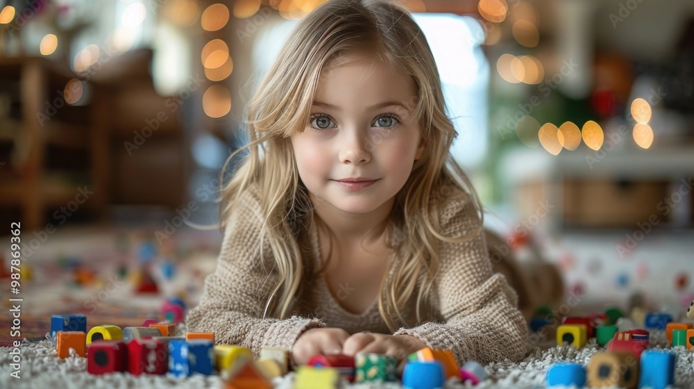 Happy young girl playing with toys on living room carpet in light beige outfit. Happy young girl playing with toys on living room carpet in light beige outfit.
