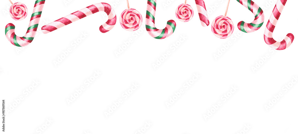 Frame of hand-painted watercolor illustrations of lollipops. Christmas frame made of lollipops and candy canes. Perfect for festive decor for Christmas, birthday, children's party. Frame of hand-painted watercolor illustrations of lollipops. Christmas frame made of lollipops and candy canes. Perfect for festive decor for Christmas, birthday, children's party.