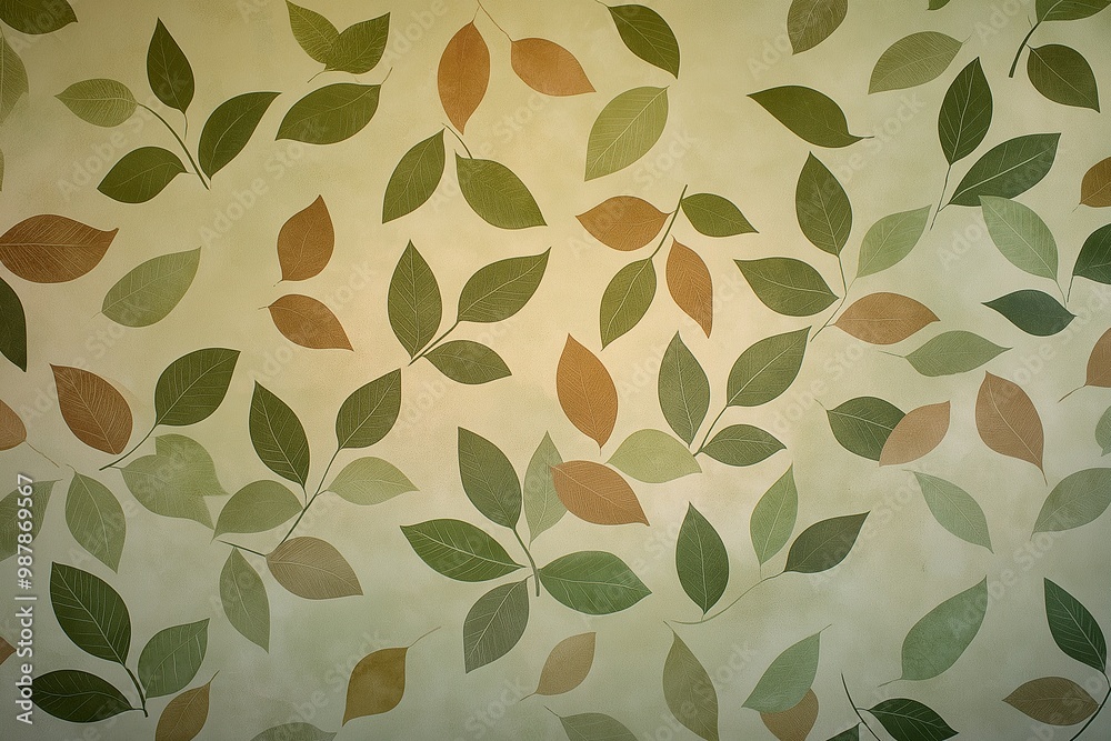Fototapeta premium Muted green and brown leaf pattern creating a serene and natural ambiance in an indoor setting, perfect for interior design inspiration
