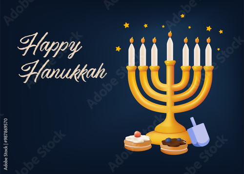 Happy Hanukkah greeting card with gold inscription and Golden menorah, candlestick with burning candles, Hanukkah celebration, candelabrum, traditional Israel decoration, vector illustration in 3D