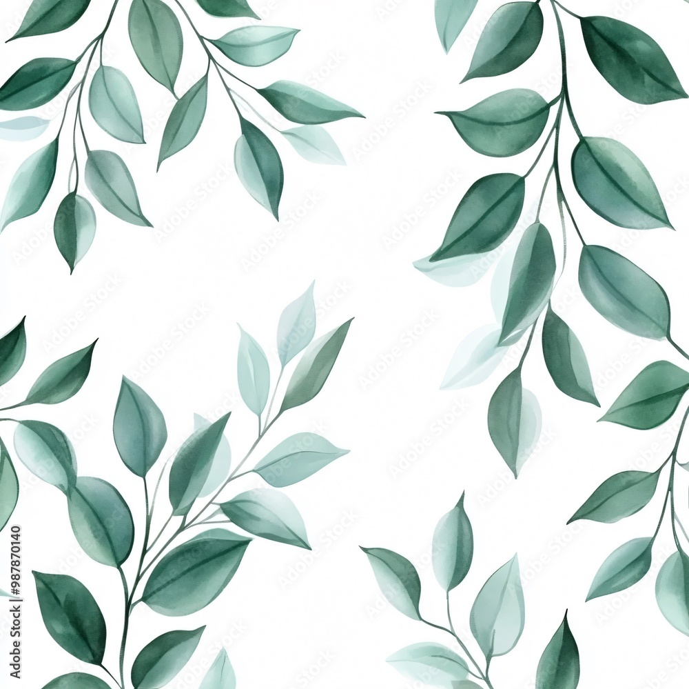 Watercolor Green Leaves on White Background. Watercolor Green Leaves on White Background.