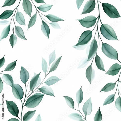 Watercolor Green Leaves on White Background.