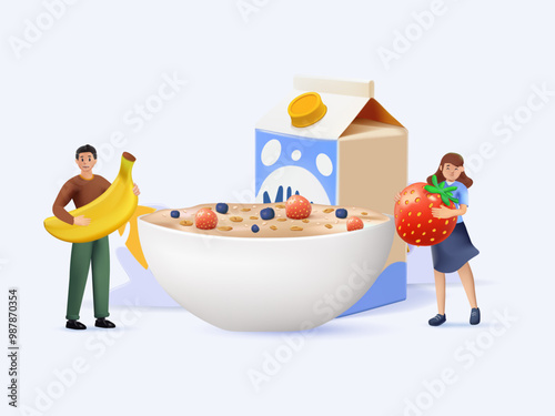 Healthy oatmeal breakfast food and drink 3D style illustration. Tiny people holding fruits with cereal granola or muesli with fresh strawberry and blueberry, 3D realistic cartoon vector illustration