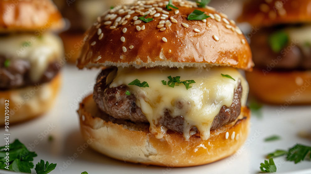 Juicy Beef Slider with Melted Cheese Oozing from Toasted Golden-Brown Bun Sprinkled with Sesame Seeds and Fresh Herbs, Served on a White Plate with Delicious Sliders in the Background Juicy Beef Slider with Melted Cheese Oozing from Toasted Golden-Brown Bun Sprinkled with Sesame Seeds and Fresh Herbs, Served on a White Plate with Delicious Sliders in the Background