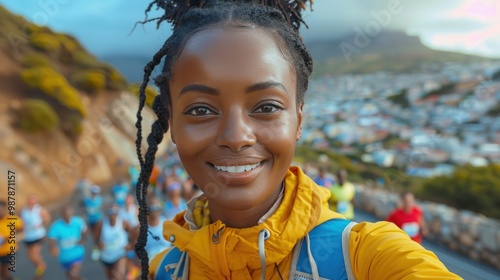 Black Female Marathon Runner Selfie with City View and Crowd of Runners in Background