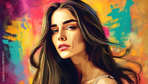 Graceful woman with flowing hair amidst a vibrant, artistic background merging realism with illustration