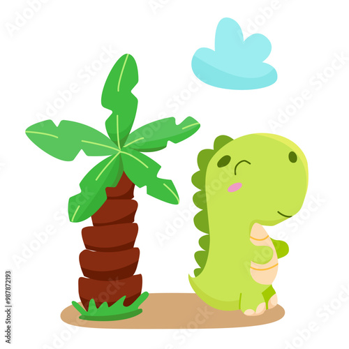 Vector children's illustration. Cute Terranosaurus and the palm. Print for children's products, Children's poster with a cute green dinosaur. Hand-drawn illustration with dino. photo