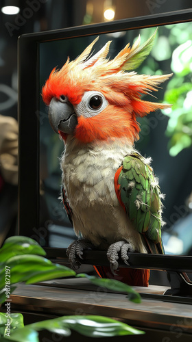 A colorful parrot with a bright orange head peeks out of a TV screen. photo