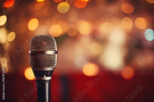 Microphone on stage in a concert hall or conference room with bokeh background