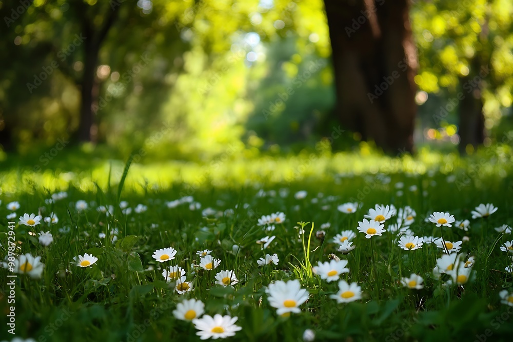 Fototapeta premium Close up of white daisies blooming in lush green grass under shade of trees