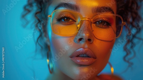 Neon Retro Fashion: Beautiful Gen Z Arabic Female in Stylish Vaporwave Clothes photo