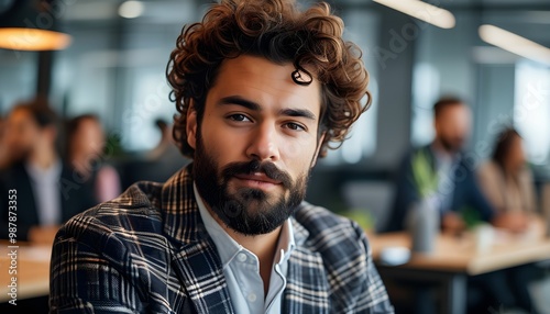 Confident man with curly hair and beard in checkered blazer seated in modern office with out-of-focus colleagues in the background