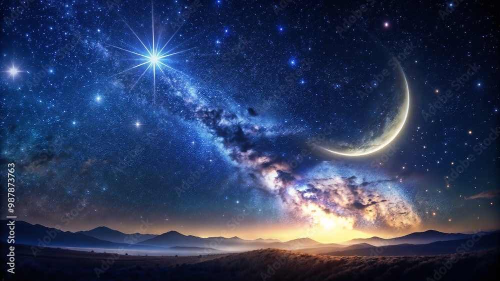 Stunning starry night with a crescent moon and bright stars over a serene landscape