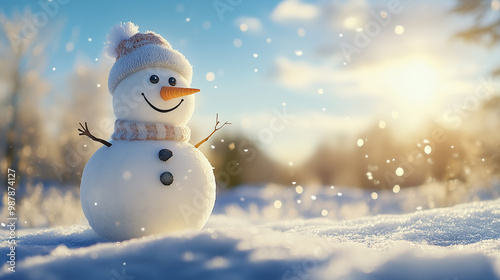 Smiling Snowman in Winter Landscape with Sunlit Blue Sky and Falling Snowflakes Creating a Joyful Christmas Atmosphere