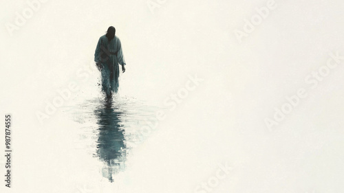 Miracle of Jesus. Jesus walking on water. Digital watercolor painting.