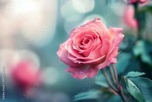 Pink rose flower blooming in the garden with bokeh background