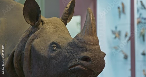 Close-up View On Stuffed Greater One-horned Rhinoceros, Great Indian Rhinoceros, Or Indian Rhino For Short. It Is Second Largest Extant Species Of Rhinoceros. It Is Listed As Vulnerable On Iucn Red photo