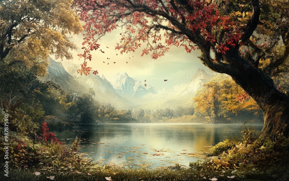 Beautiful forest with trees, path, mountains and birds Beautiful forest with trees, path, mountains and birds