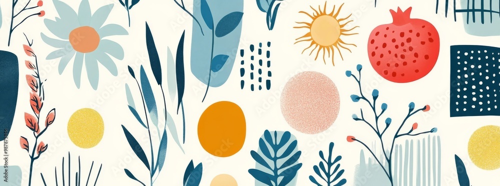 simple shapes in various shades and sizes, creating an abstract pattern of flowers, pomegranates, suns, wheat stalks, and geometric designs in blue tones simple shapes in various shades and sizes, creating an abstract pattern of flowers, pomegranates, suns, wheat stalks, and geometric designs in blue tones