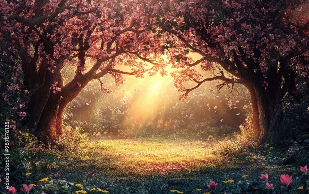 Beautiful forest with trees, path, mountains and birds Beautiful forest with trees, path, mountains and birds