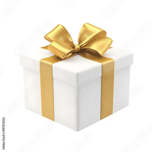PNG cutout of three large and small anniversary white gift box with gold ribbon surprise presents. Isolated on a transparent background. Generative AI