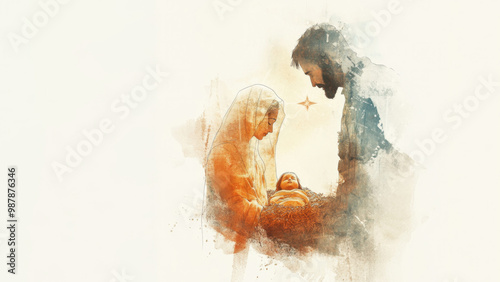 The Holy Family. Mary, Joseph and baby Jesus. Digital watercolor painting. photo