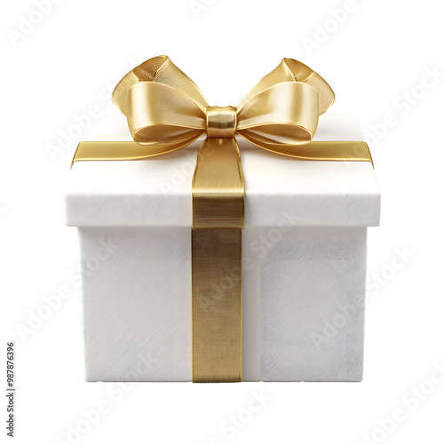 PNG cutout of three large and small anniversary white gift box with gold ribbon surprise presents. Isolated on a transparent background. Generative AI