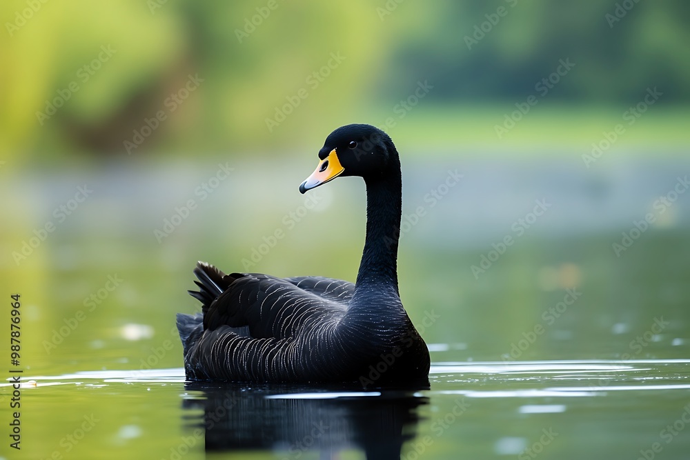 Obraz premium Black swan swimming in a lake with green blurred background.