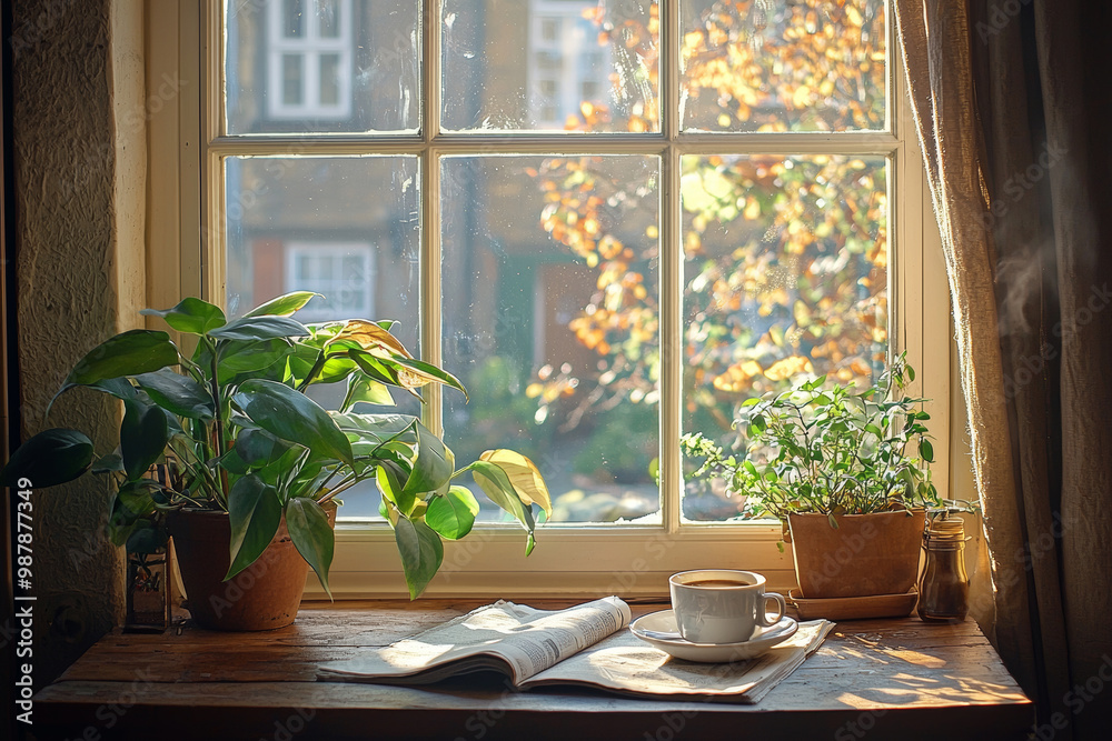 A cozy Sunday morning scene with coffee, newspaper, and plants by window, creating warm and inviting atmosphere. sunlight filters through, enhancing peaceful vibe A cozy Sunday morning scene with coffee, newspaper, and plants by window, creating warm and inviting atmosphere. sunlight filters through, enhancing peaceful vibe