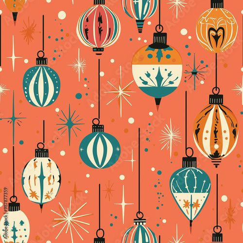 1950s style mid century modern christmas ornaments seamless background - orange and teal colors photo