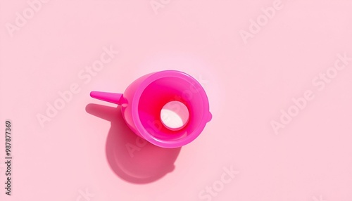 Pink menstrual cup and white mini marshmallow like blood drop with shadow on pink background. Women's health, alternative hygiene and ecology of planet. Top front view, copy space, flat lay.