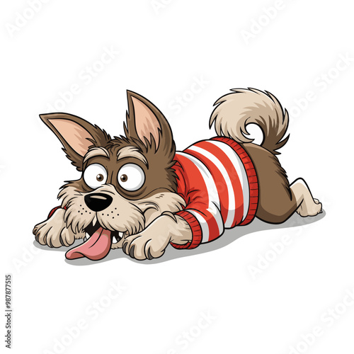 An illustration of a dramatic, lazy dog without a background. The dog has its eyes wide open and is lying down on its belly. It is wearing a red and
white striped sweater
