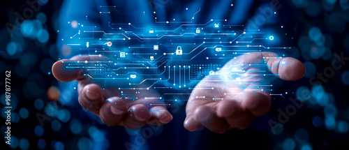 Businessman hand-holding database management icons with efficiency, security, and network connection. Strategically navigating the growth of data-driven decisions and streamlining business