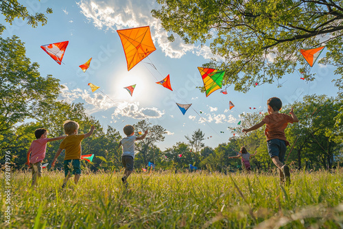 Kids flying kites in park on bright Sunday, enjoying sunny day and colorful kites soaring in sky. Their laughter fills air as they run freely photo