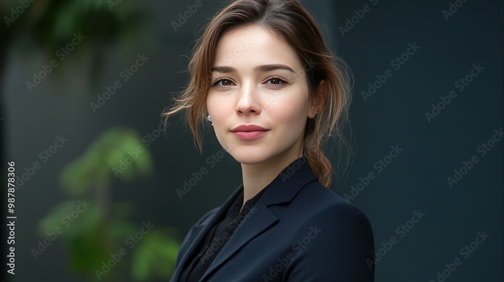 Confident young professional posing in a black blazer with arms crossed against a dark background in a modern office setting Confident young professional posing in a black blazer with arms crossed against a dark background in a modern office setting